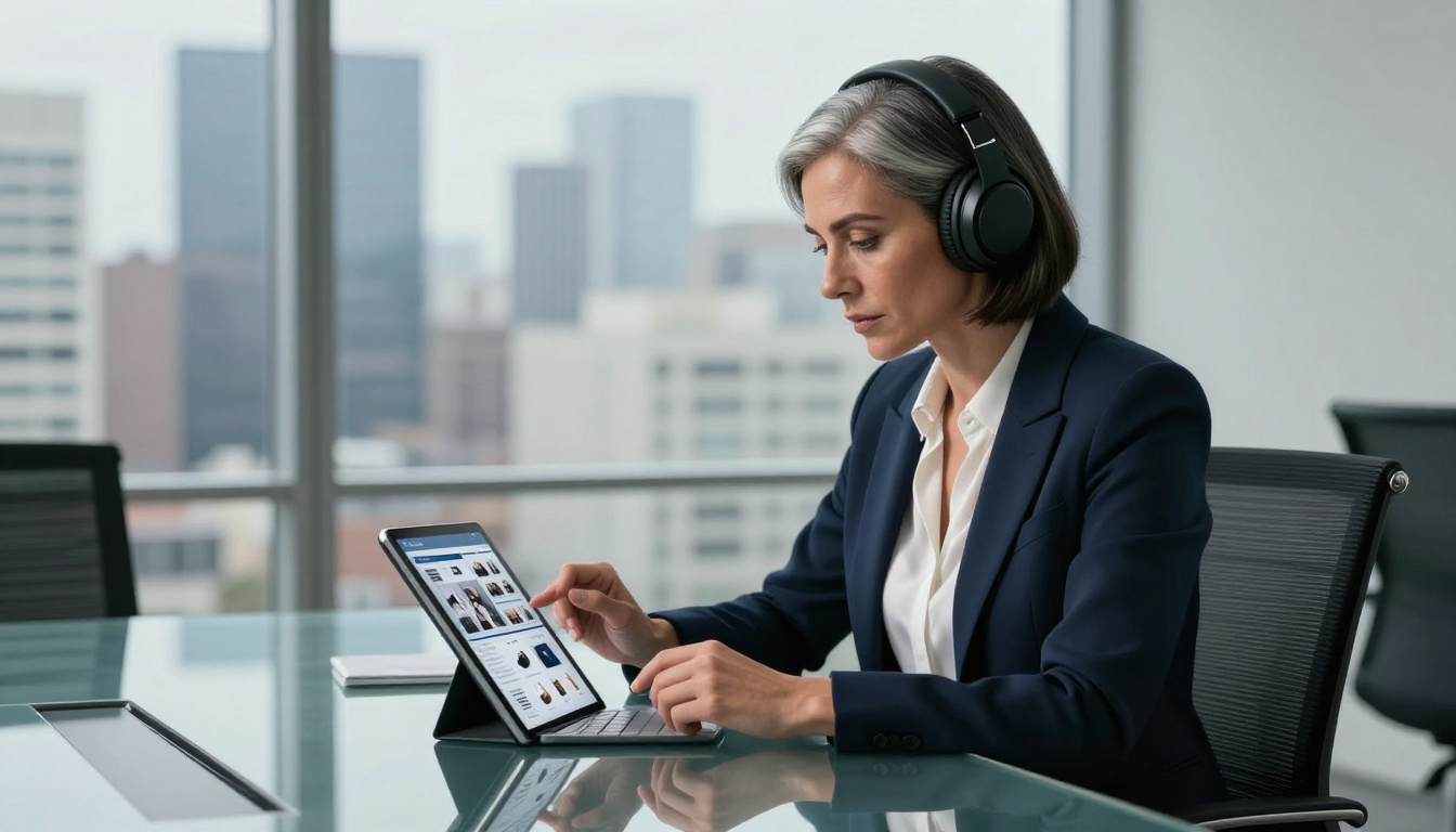 Professional woman reviewing business flipbook catalog at conference table