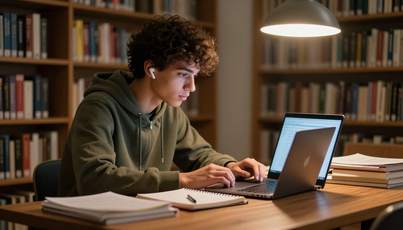 University student listening to flipbook on laptop at library table