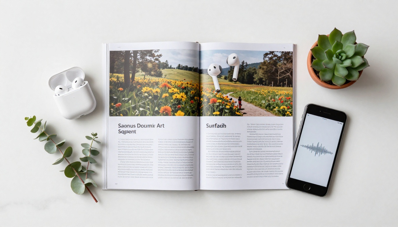 Overhead flat-lay of flipbook with wireless earbuds on white marble surface