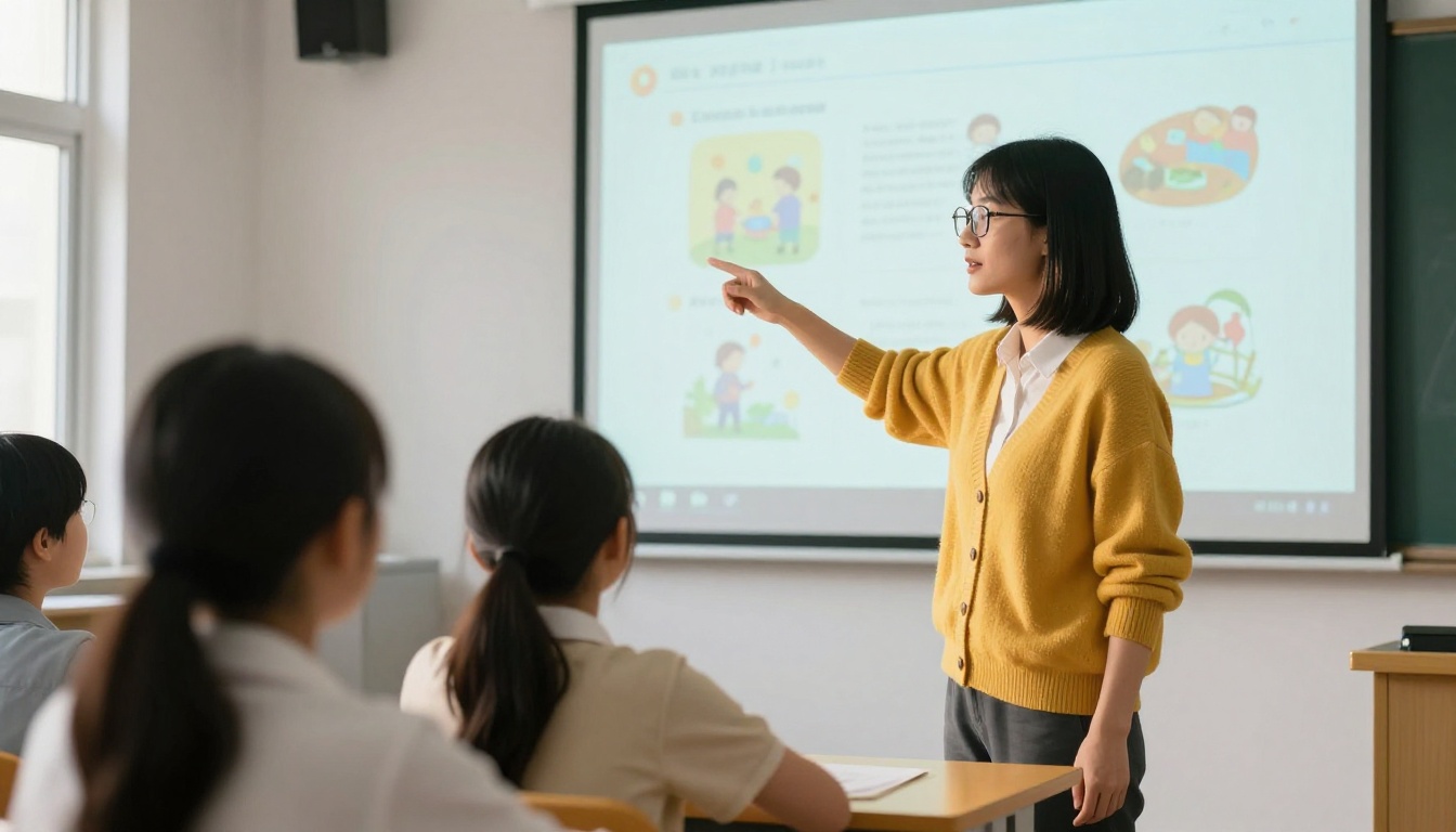 Teacher pointing at educational flipbook displayed on classroom projector Teacher pointing at educational flipbook displayed on classroom projector