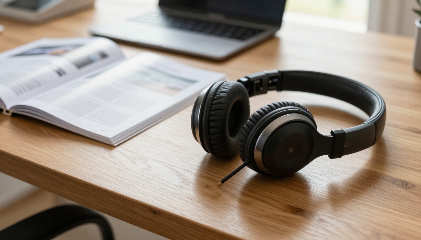 Studio headphones and flipbook brochure on wooden desk from low table-level angle Studio headphones and flipbook brochure on wooden desk from low table-level angle