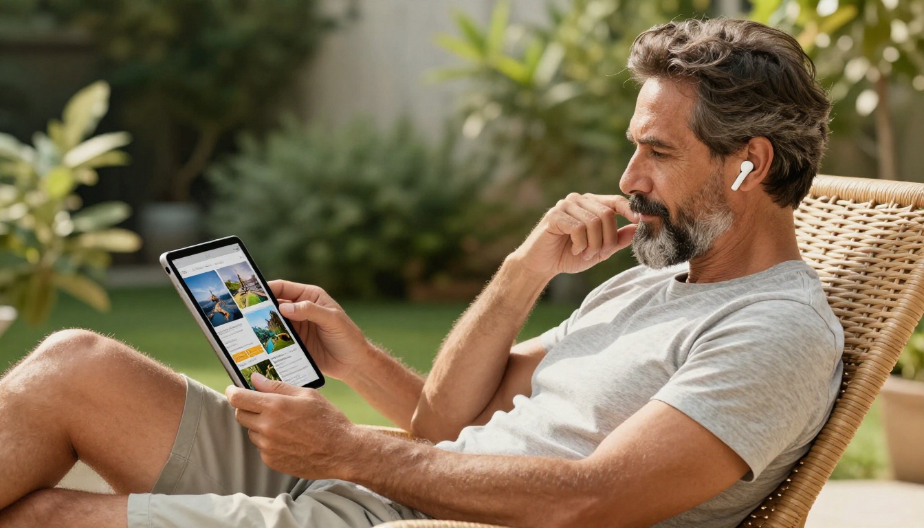 Man on outdoor patio chair listening to flipbook on tablet in green garden setting Man on outdoor patio chair listening to flipbook on tablet in green garden setting