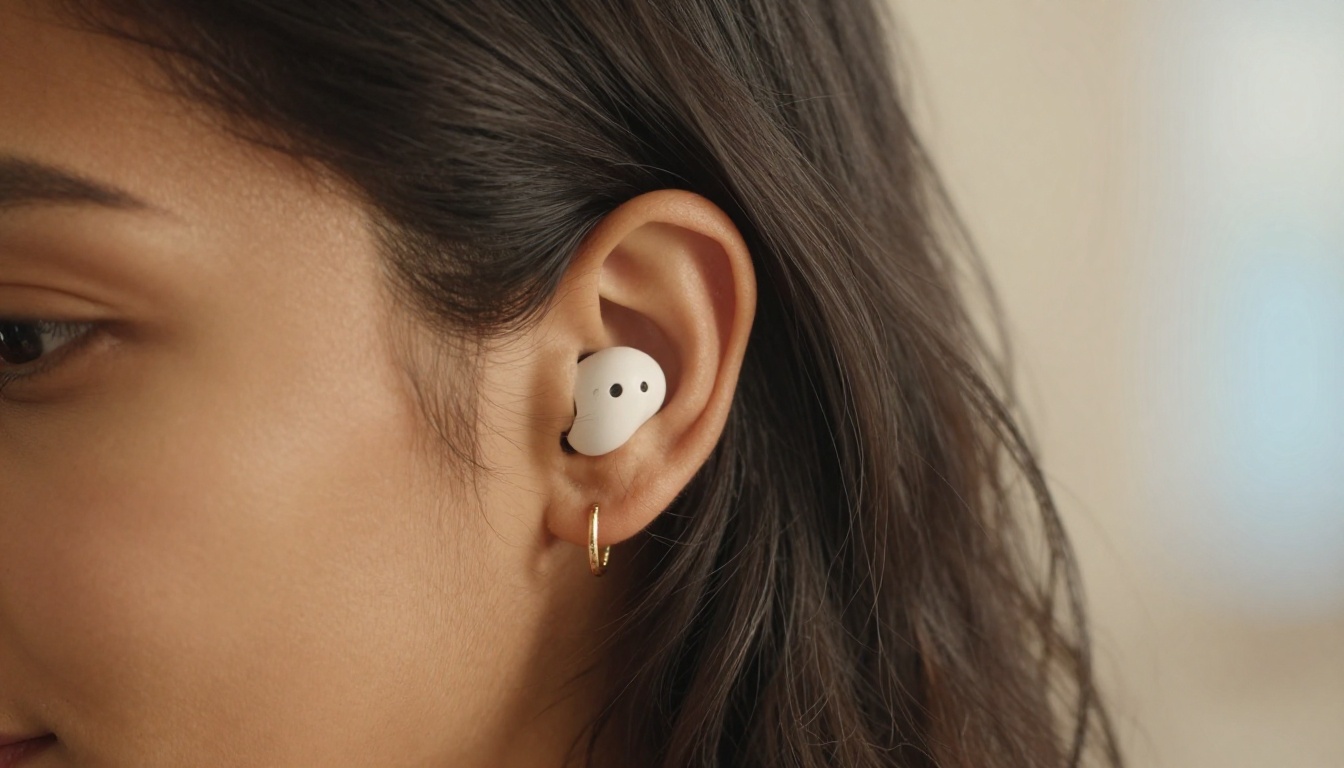Close-up of woman's ear with white wireless earbud in warm shallow bokeh light Close-up of woman's ear with white wireless earbud in warm shallow bokeh light