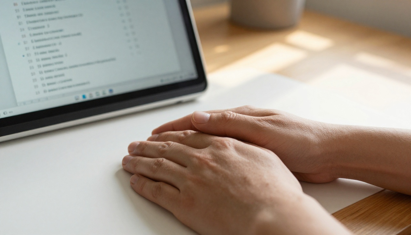 Close-up of hands on a desk beside a laptop showing a hierarchical document outline