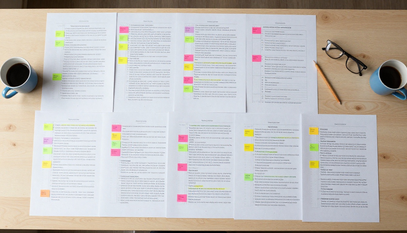 Aerial overhead shot of printed catalog pages and sticky notes organized on a designer's desk
