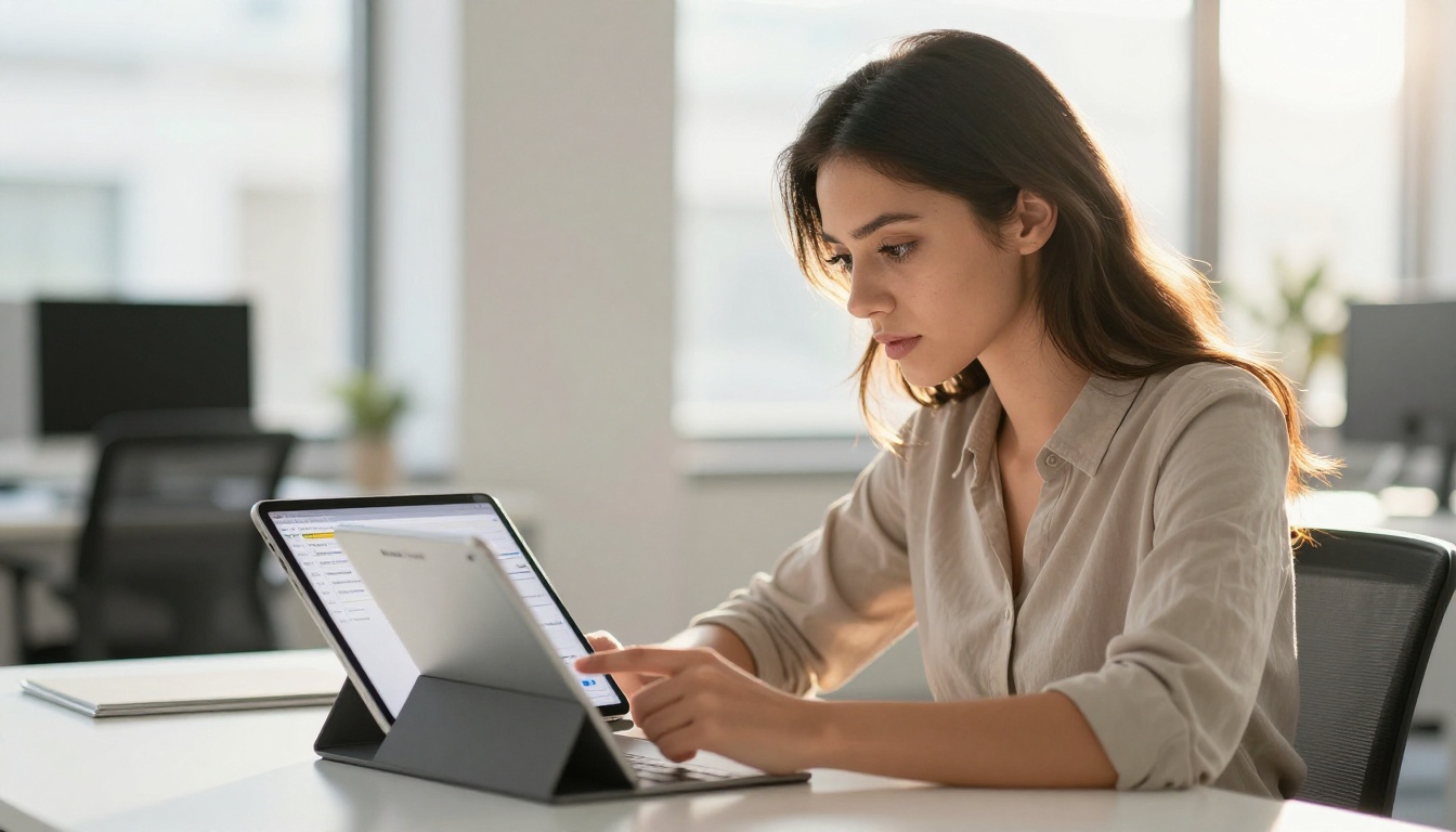Young professional woman reviewing digital publication navigation on a large tablet