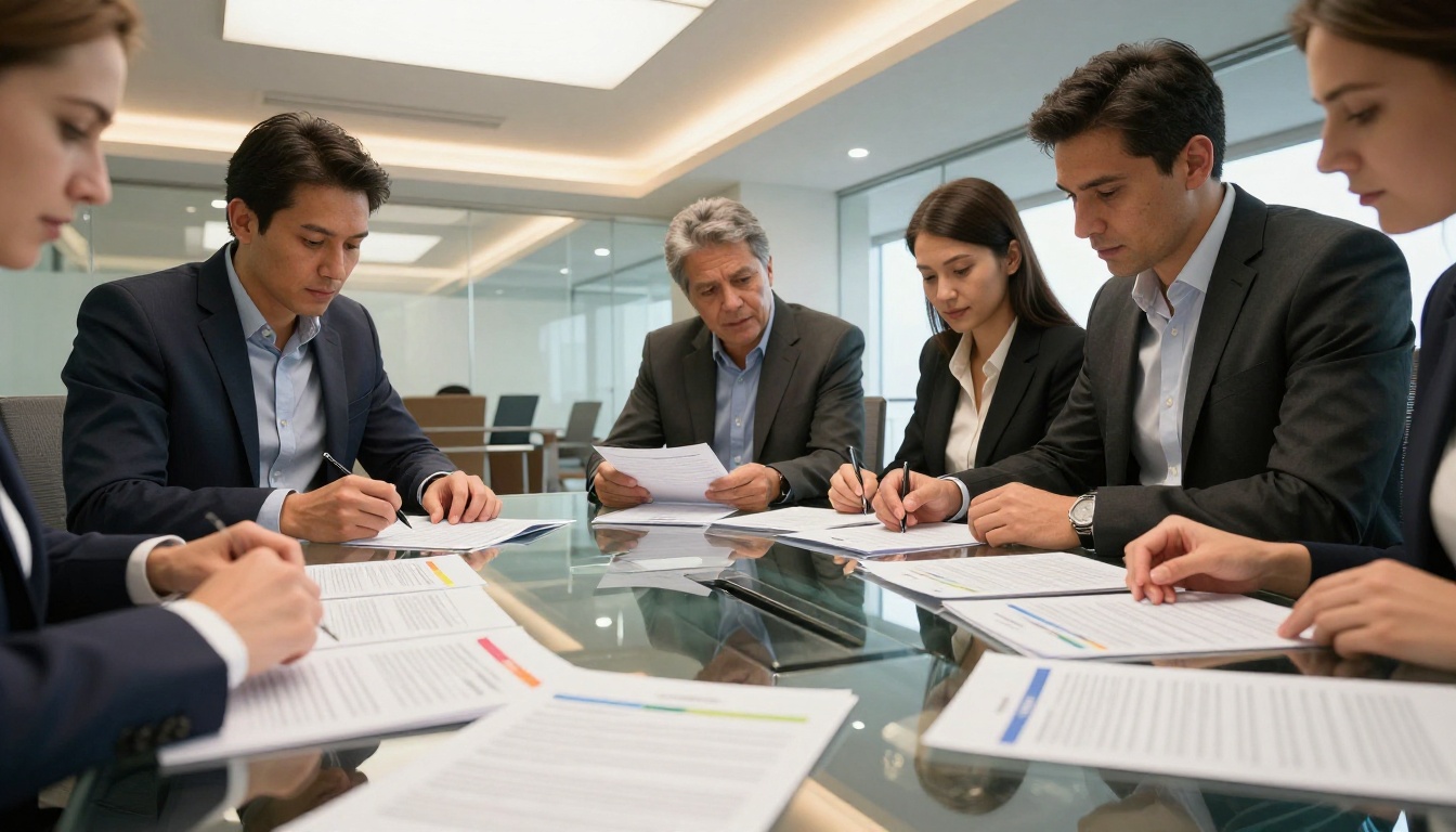 Business professionals examining printed document sections spread across a conference table