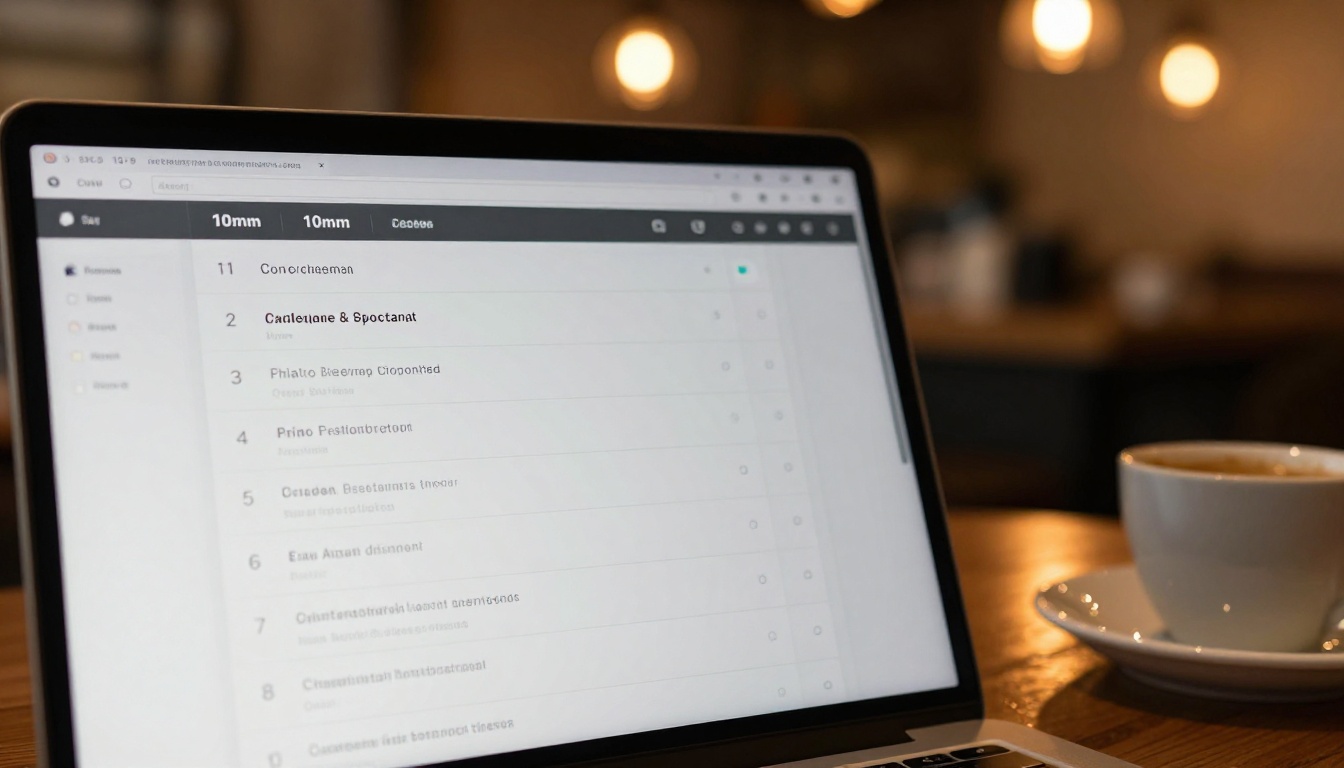 Close-up of a laptop screen in a warm cafe showing a clean digital table of contents interface