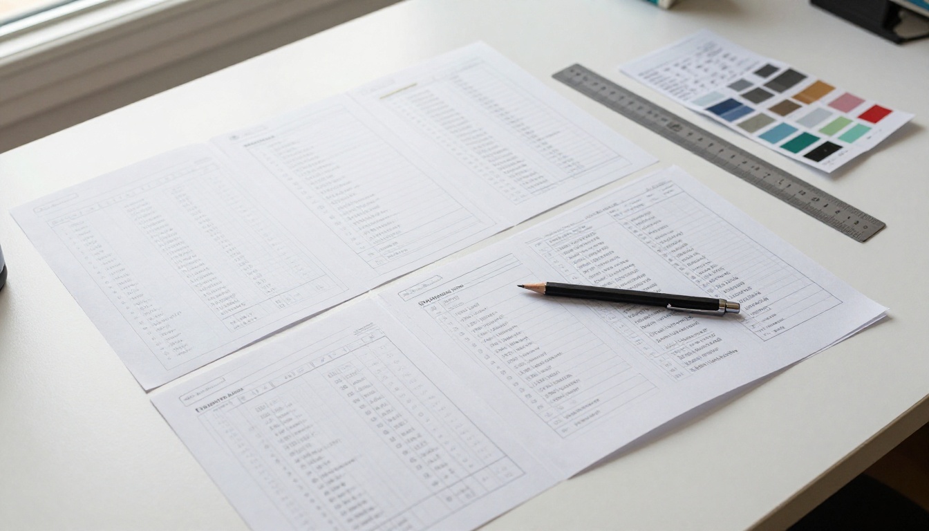 Aerial view of overlapping booklet layouts with pencil annotations on a designer's light table Aerial view of overlapping booklet layouts with pencil annotations on a designer's light table