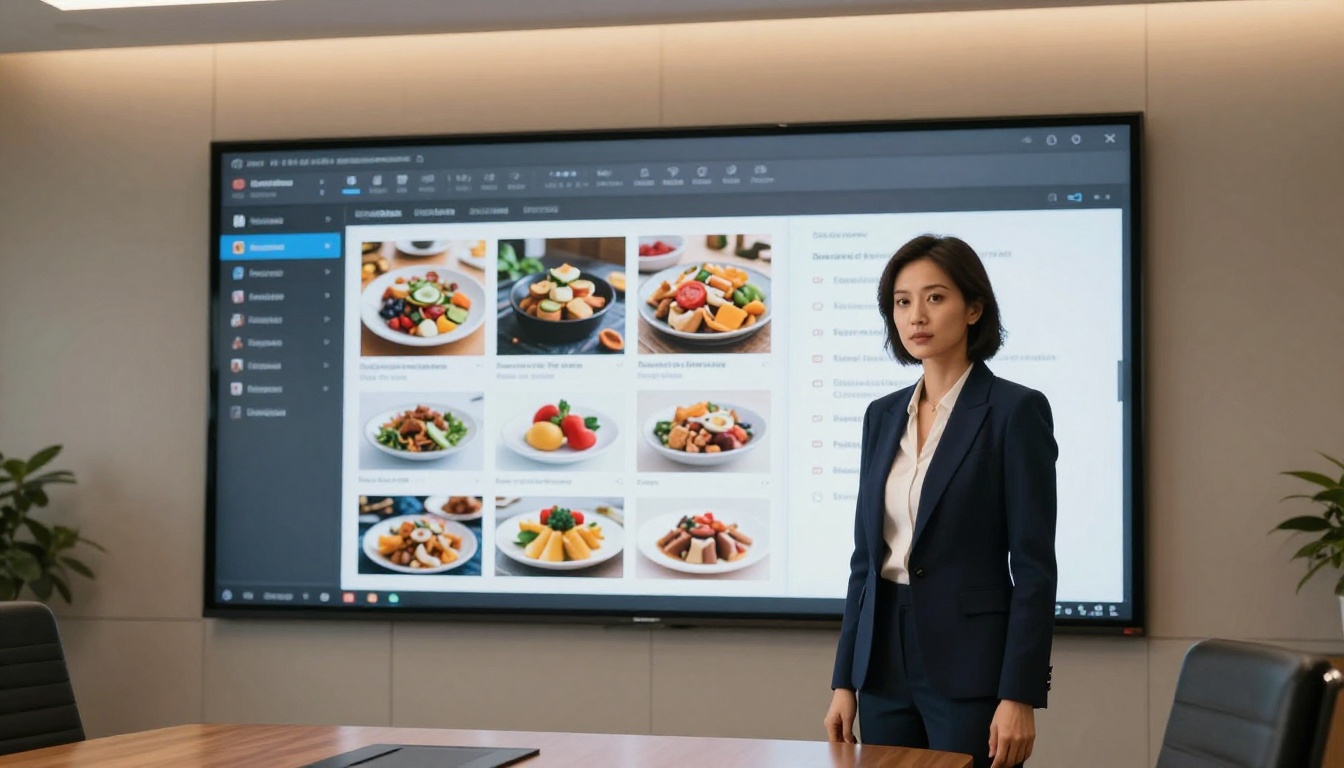Confident woman in a navy blazer presenting a digital flipbook on a wall-mounted screen Confident woman in a navy blazer presenting a digital flipbook on a wall-mounted screen