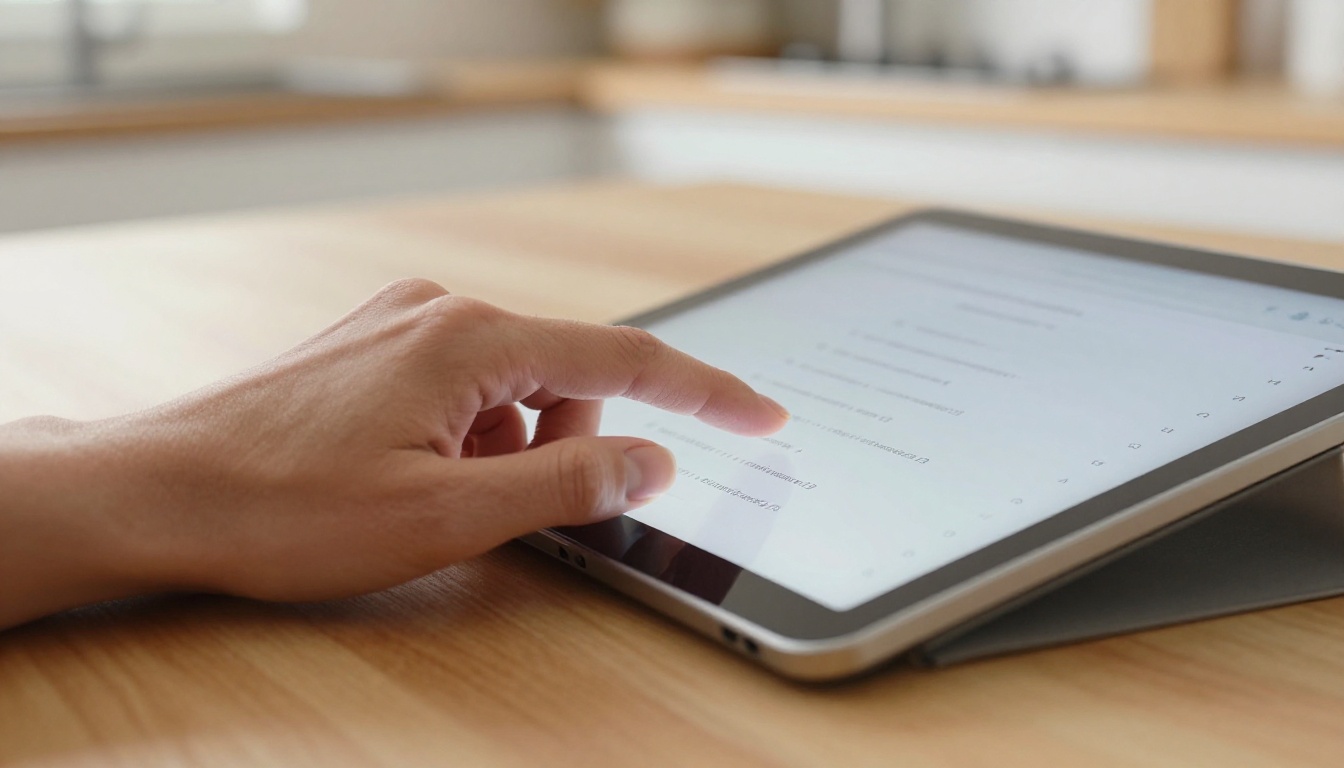 Person scrolling through a digital flipbook table of contents on a tablet at a kitchen table Person scrolling through a digital flipbook table of contents on a tablet at a kitchen table
