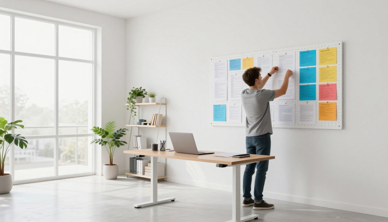 Young man organizing document section cards on a pegboard wall in a bright home office Young man organizing document section cards on a pegboard wall in a bright home office