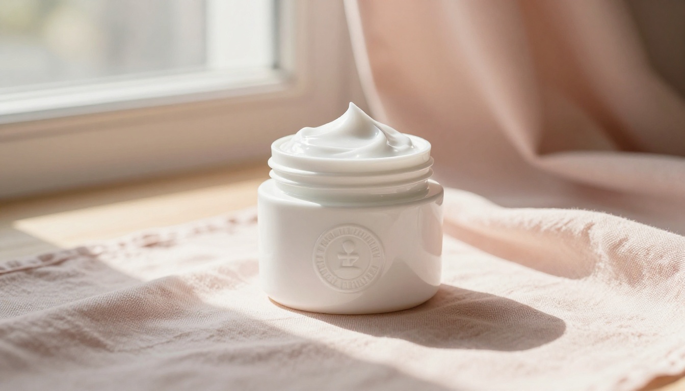 Skincare moisturizer jar with soft window light on blush linen cloth