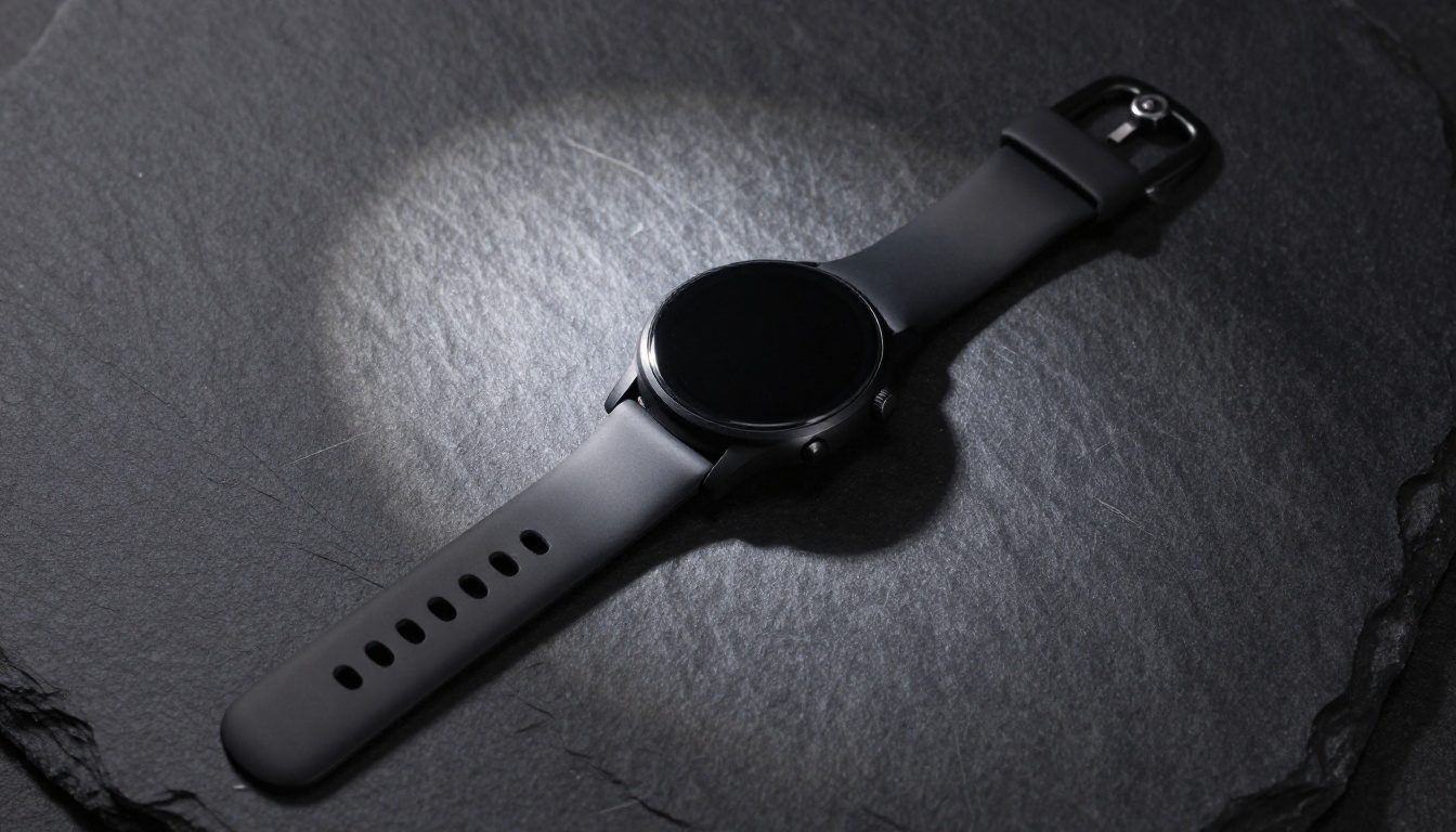 Matte black smartwatch aerial shot on dark slate with hard directional lighting