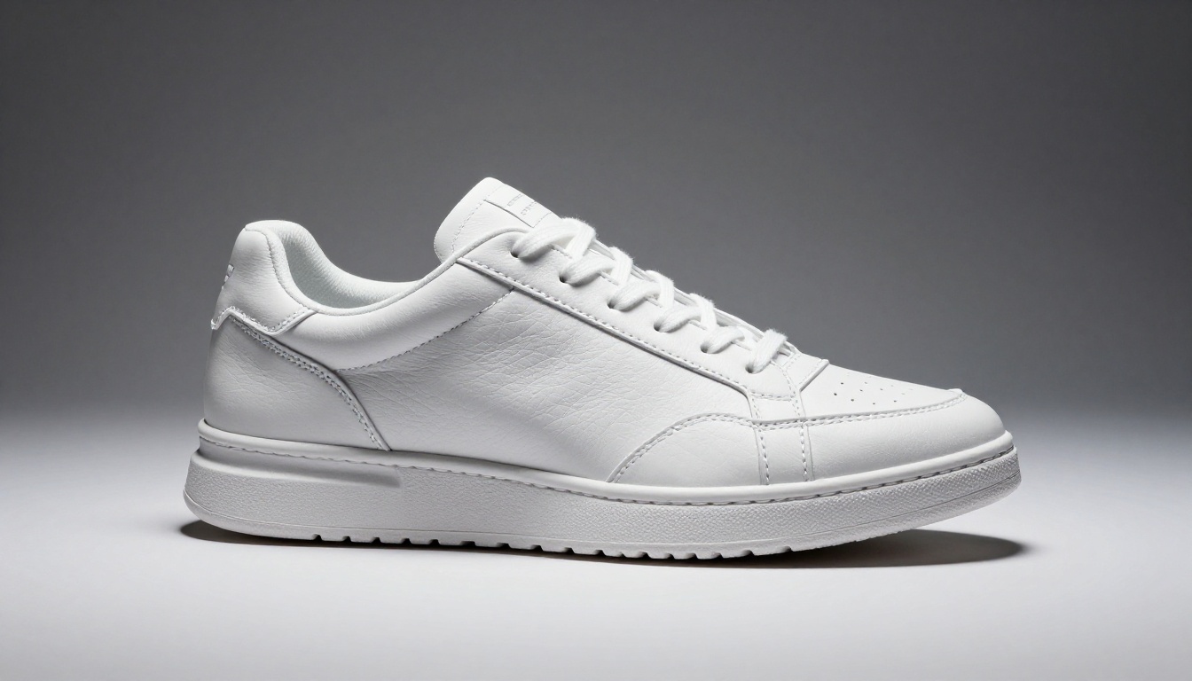 White athletic sneaker hero shot from low angle against white gradient background