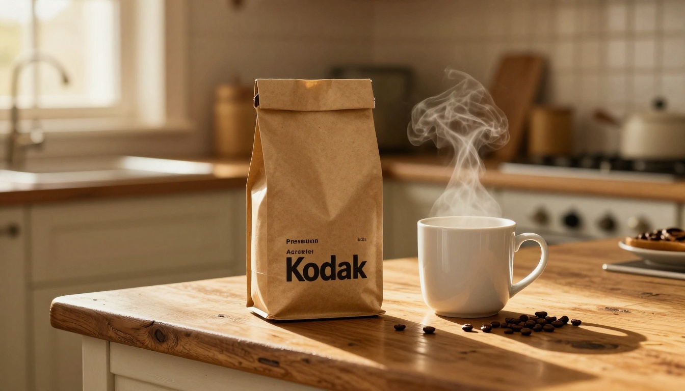 Coffee bag lifestyle shot on oak kitchen counter with warm morning light