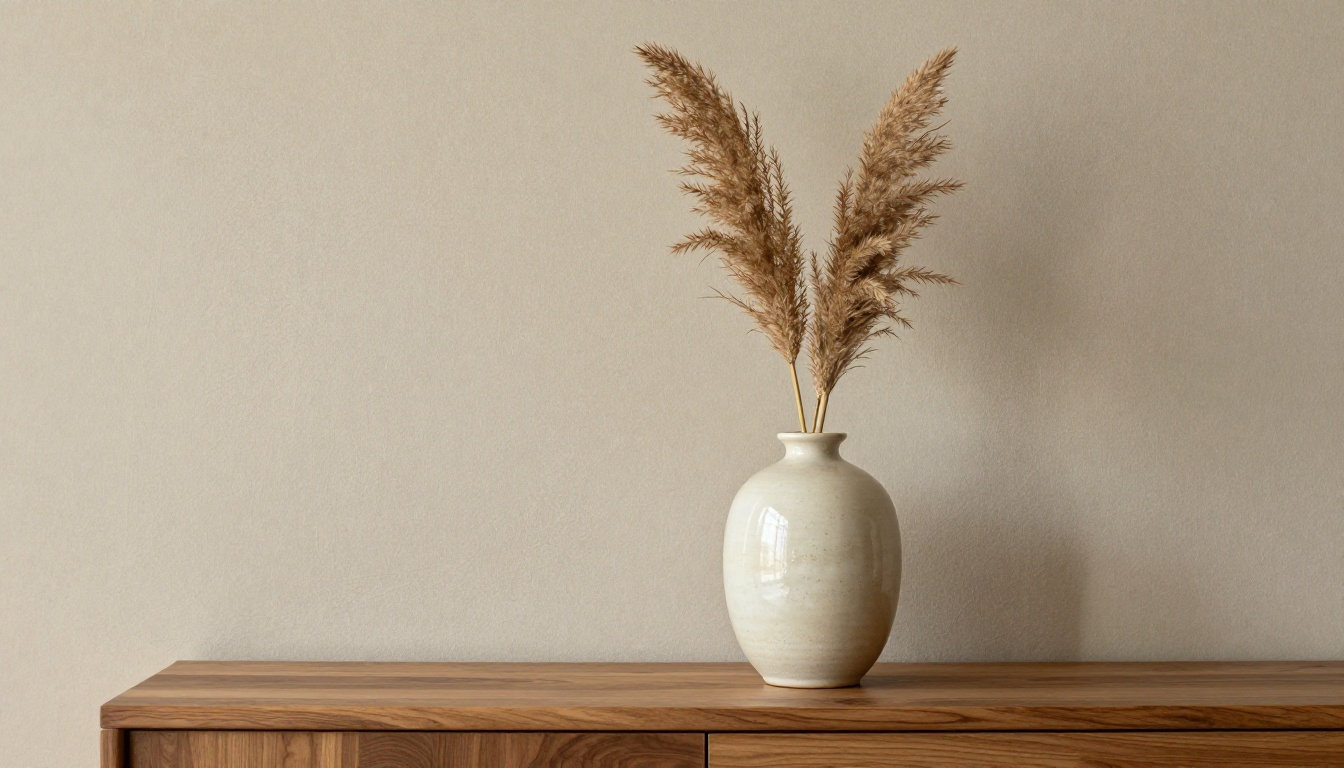 Ivory ceramic vase with pampas grass on walnut shelf against linen wall