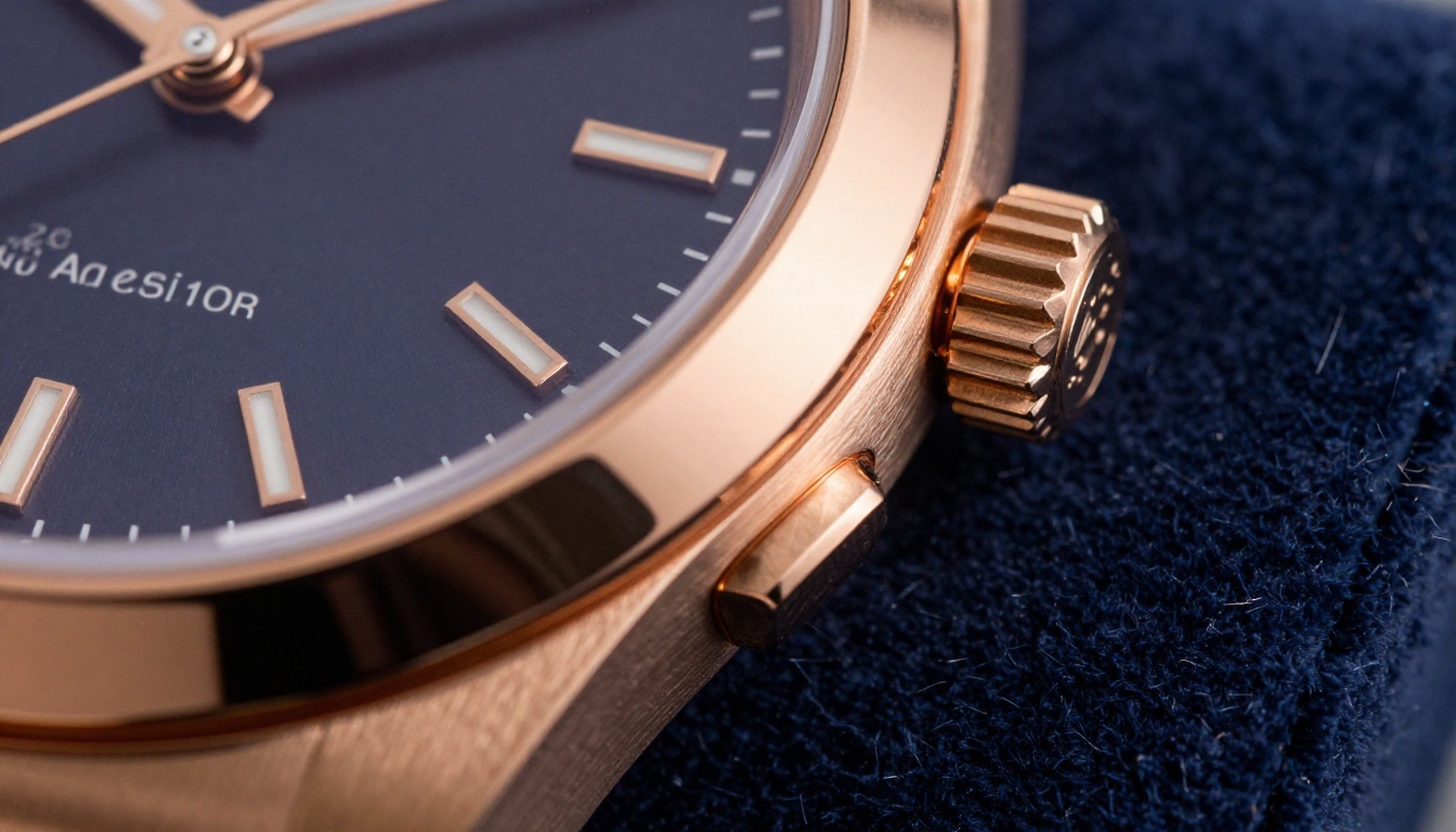 Rose gold luxury watch macro on navy velvet with precise specular highlight