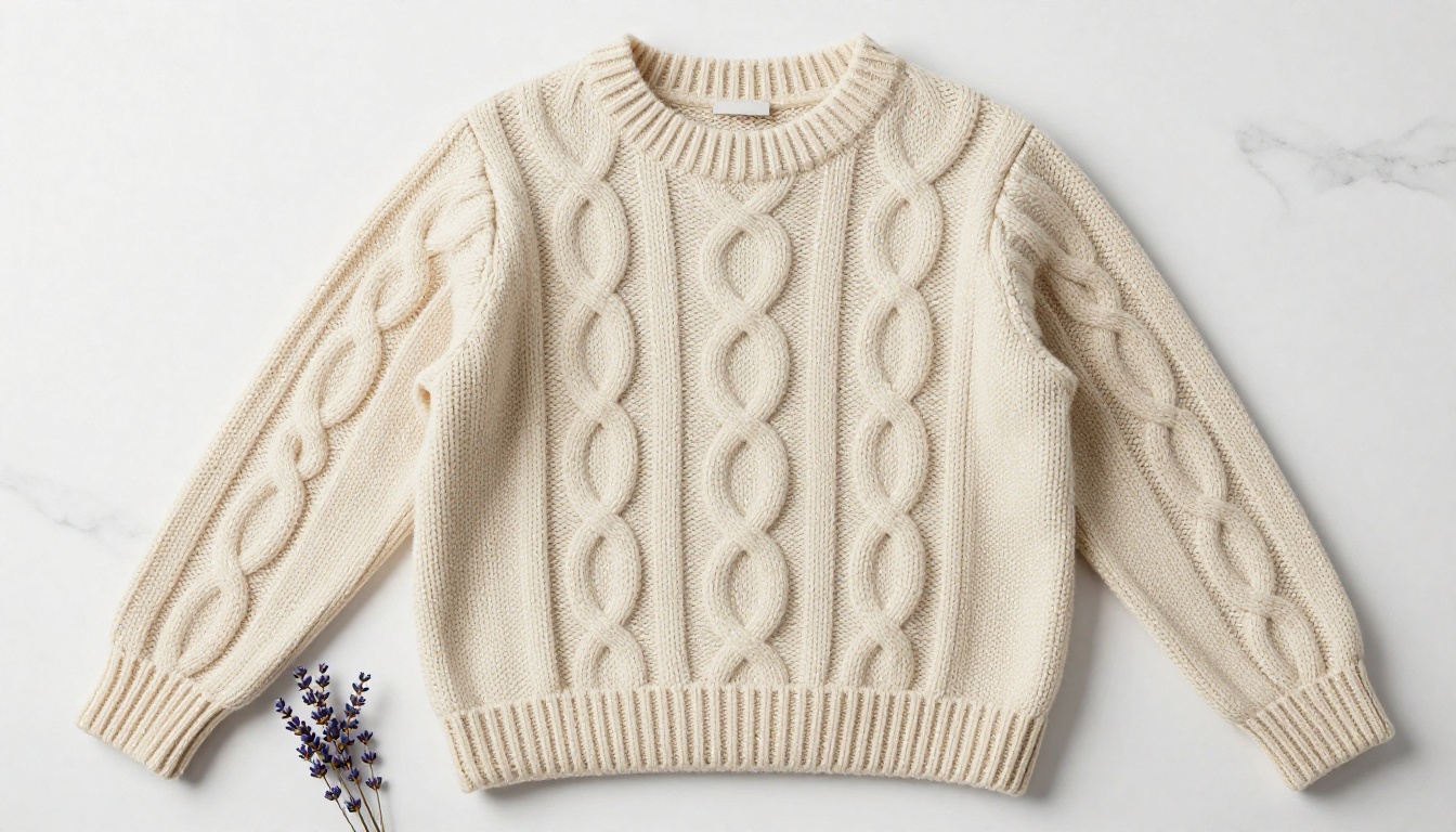 Cream cashmere cable-knit sweater aerial flatlay on white marble with lavender sprig