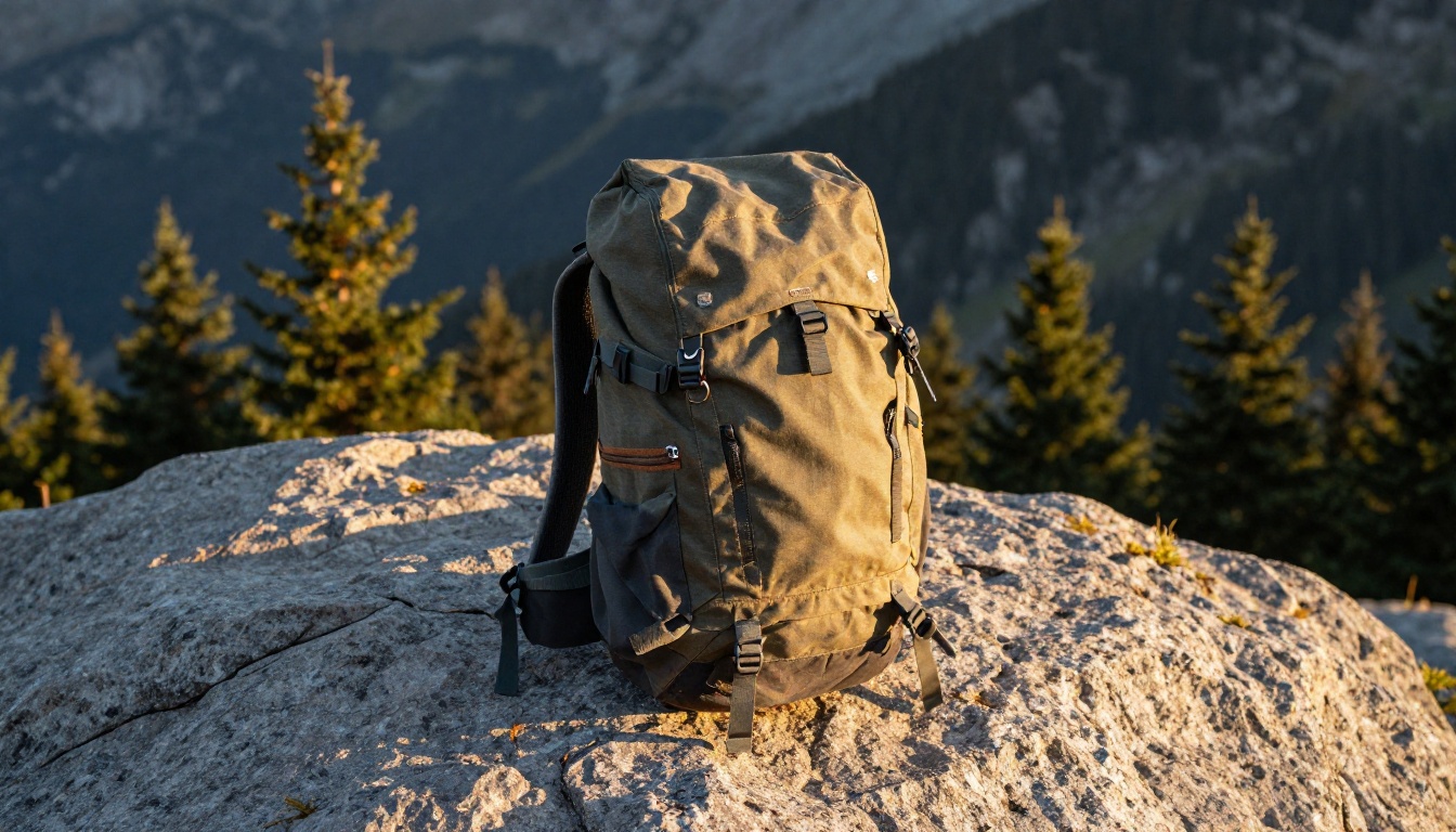 Canvas hiking backpack against granite boulder in golden hour alpine setting