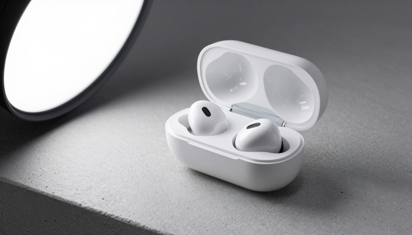 Wireless earbuds in charging case on grey concrete with specular highlights