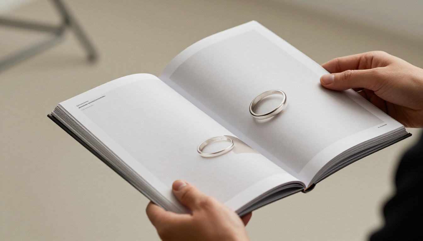 Graphic designer's hand holding an open printed flipbook catalog with crisp product pages