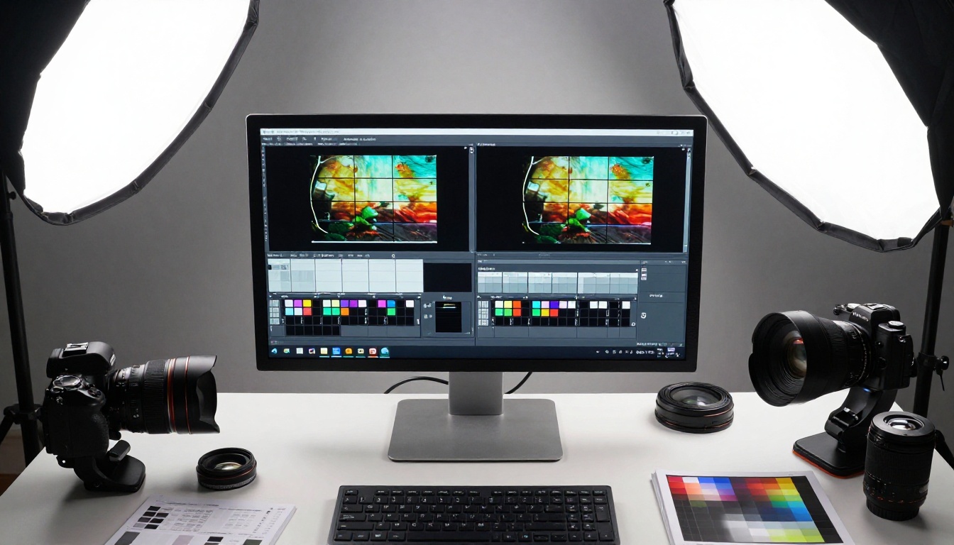 Aerial overhead shot of photography studio desk with monitor showing quality comparison