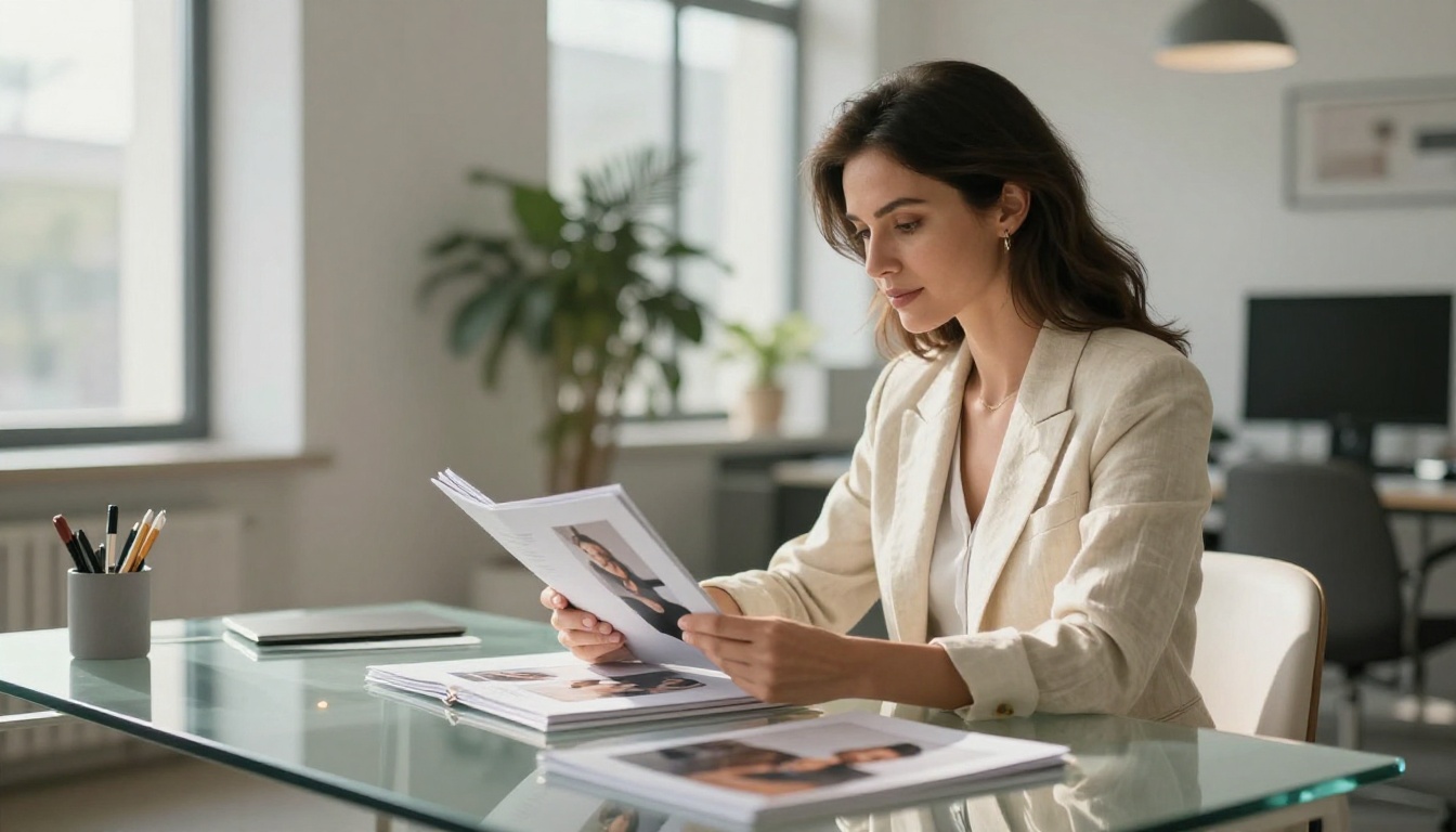 Professional woman in cream blazer reviewing a sharp fashion lookbook catalog