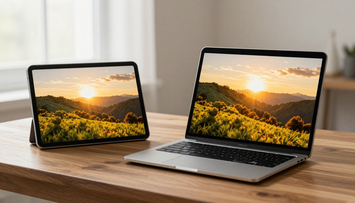 Modern tablet and laptop side by side showing vibrant sharp digital flipbook pages