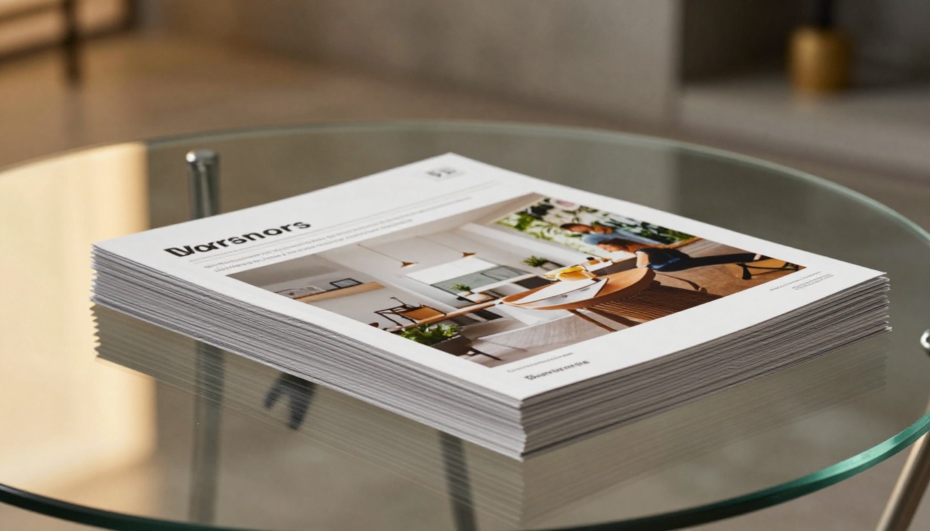 Stack of printed brochures and catalogs on glass table showing vivid sharp print quality