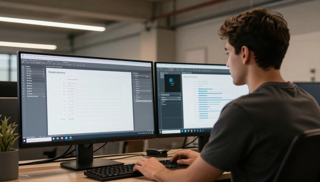 Young graphic designer at dual ultrawide monitor workstation with PDF settings panel open