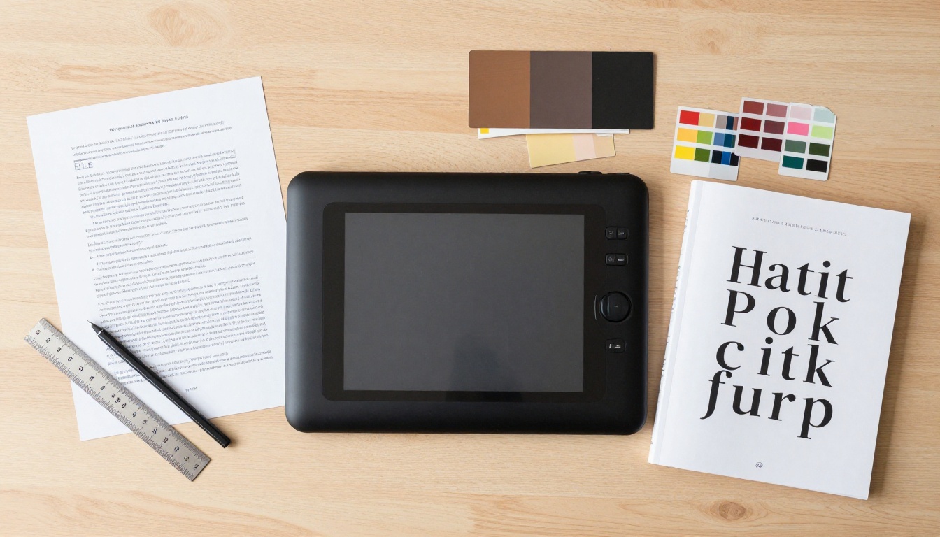Aerial flat lay of creative professional's desk with printed PDF dimensions and design tools