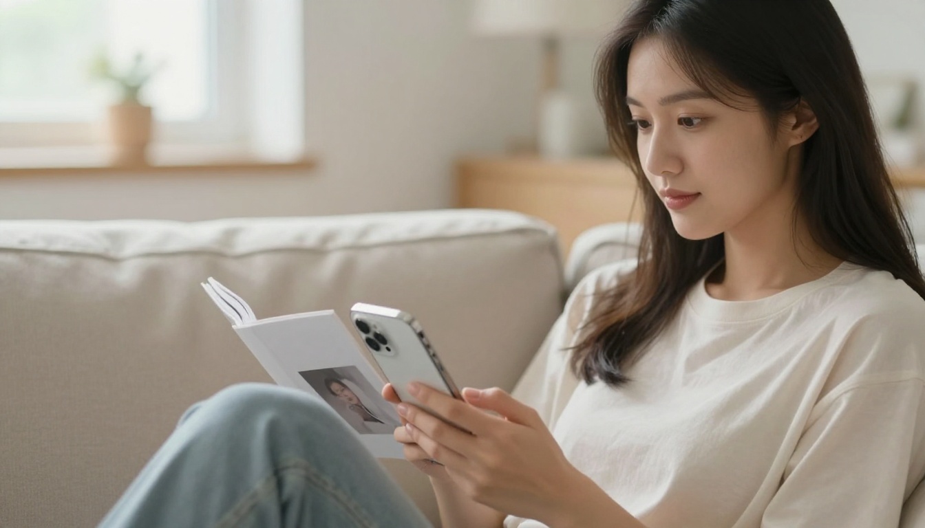 Woman reading a portrait-mode flipbook on her smartphone Woman reading a portrait-mode flipbook on her smartphone