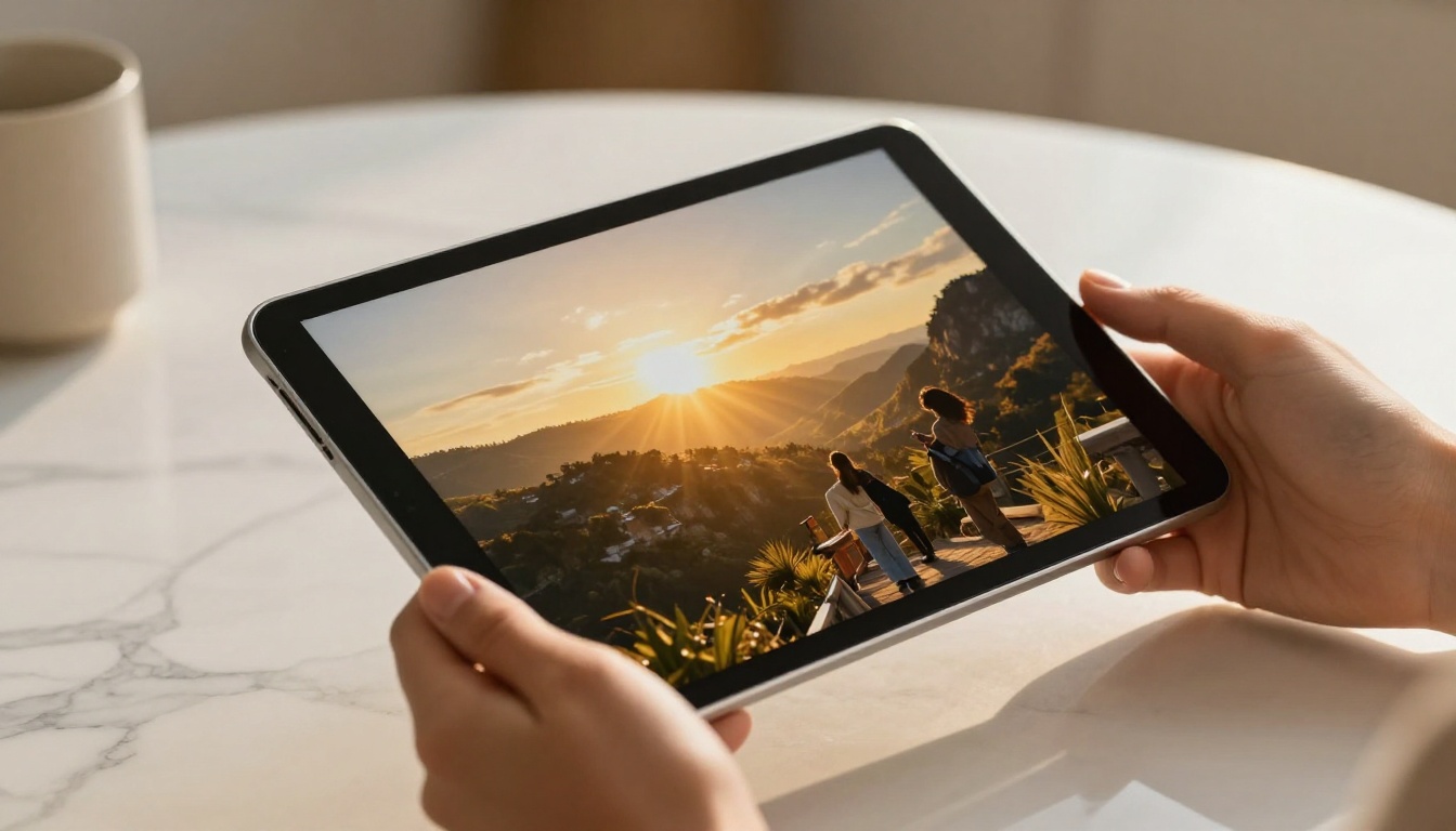 Elegant hands holding a tablet in landscape mode displaying a travel magazine spread Elegant hands holding a tablet in landscape mode displaying a travel magazine spread