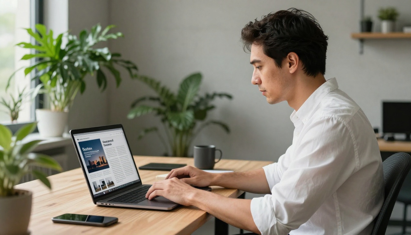 Male creative professional viewing a landscape-mode annual report flipbook on a laptop Male creative professional viewing a landscape-mode annual report flipbook on a laptop