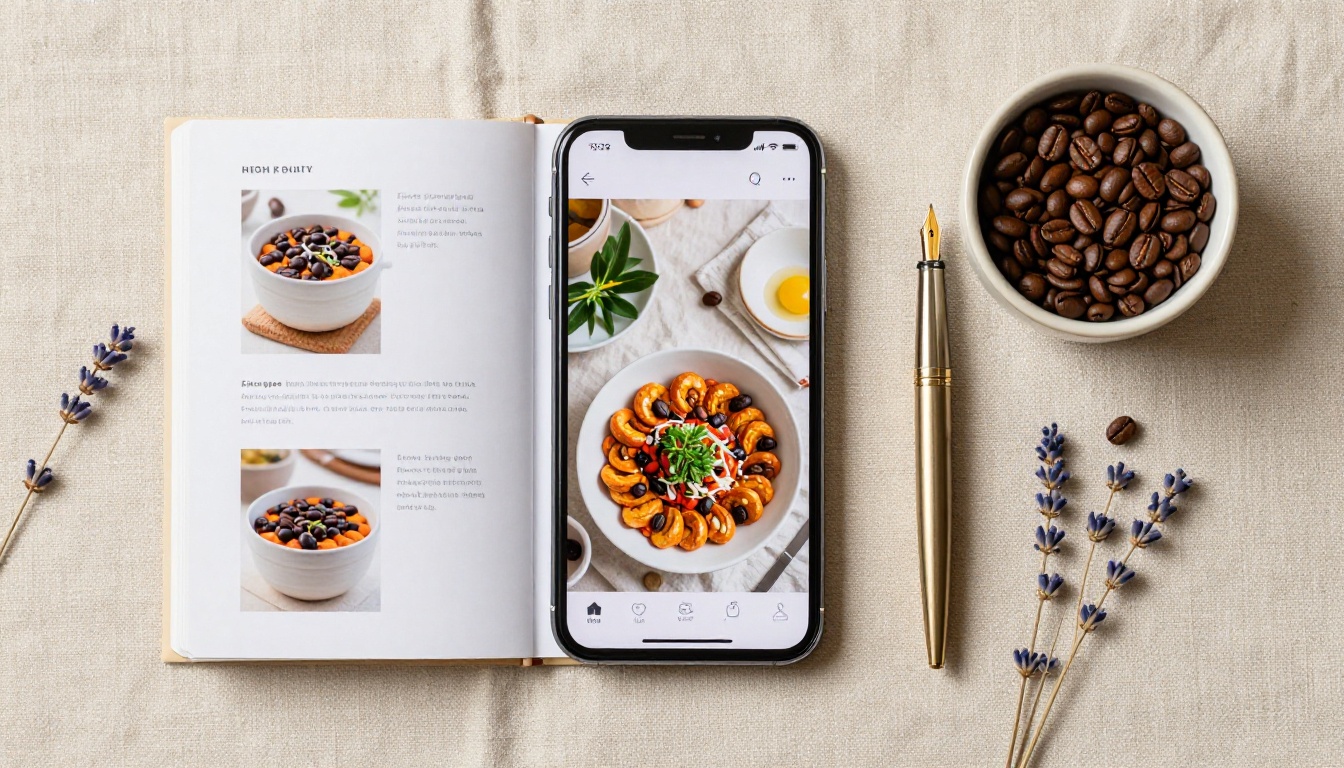 Flat lay overhead of a smartphone displaying a portrait-mode recipe flipbook Flat lay overhead of a smartphone displaying a portrait-mode recipe flipbook