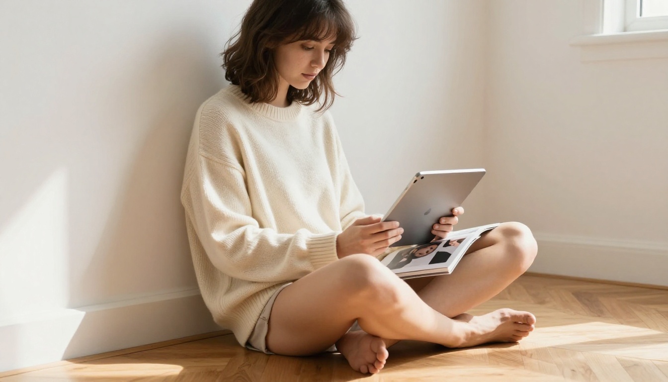 Young woman browsing a landscape-mode fashion lookbook on her tablet Young woman browsing a landscape-mode fashion lookbook on her tablet