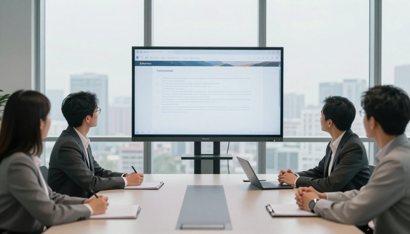 Business team reviewing a landscape-oriented digital report flipbook in a conference room Business team reviewing a landscape-oriented digital report flipbook in a conference room