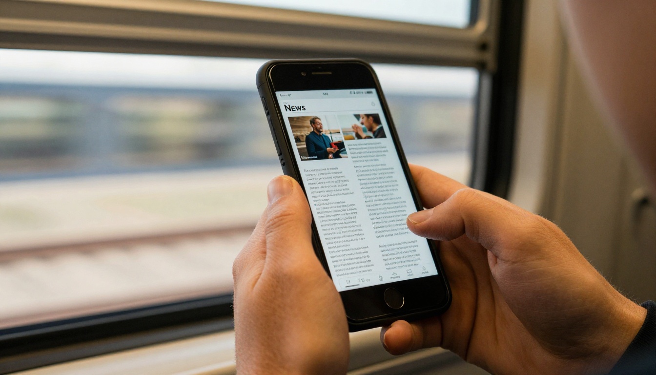 Man reading a portrait-mode news magazine flipbook on his phone while commuting Man reading a portrait-mode news magazine flipbook on his phone while commuting
