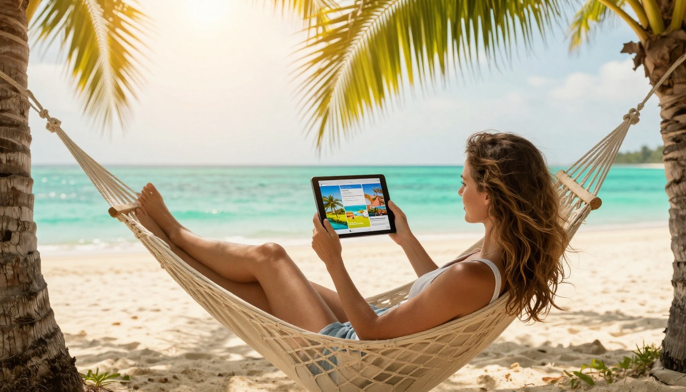 Woman relaxing in a hammock on a tropical beach browsing a landscape-mode flipbook Woman relaxing in a hammock on a tropical beach browsing a landscape-mode flipbook