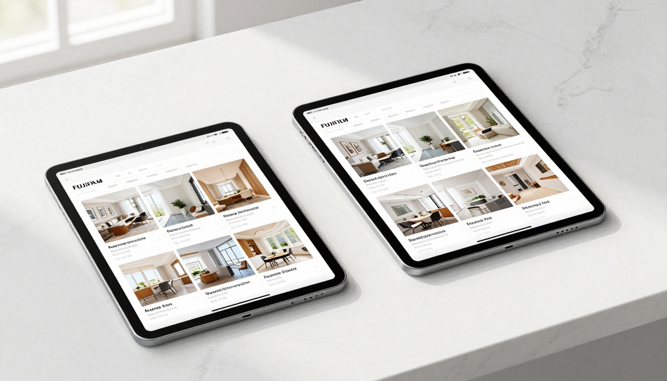 Overhead aerial view showing two tablets side by side displaying portrait and landscape orientations Overhead aerial view showing two tablets side by side displaying portrait and landscape orientations
