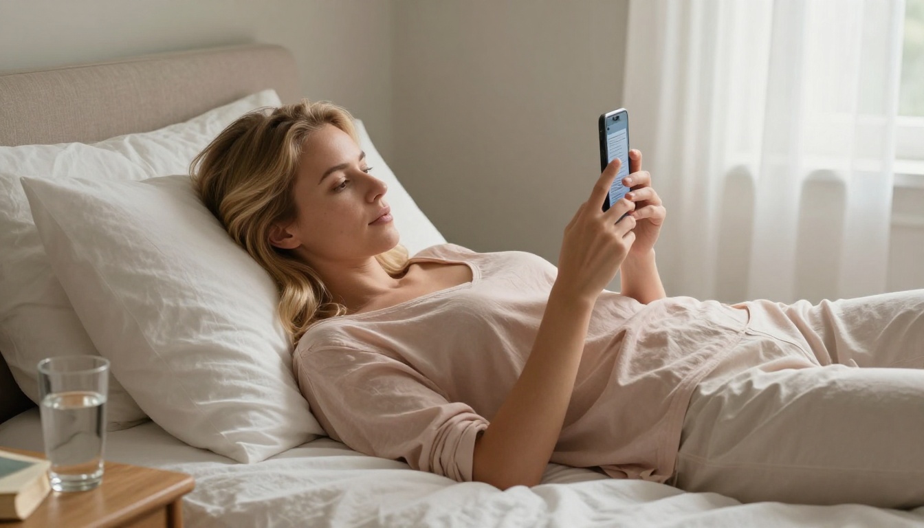 A woman lying comfortably in bed, reading her smartphone in portrait mode with a clean single-page article layout visible in soft morning light