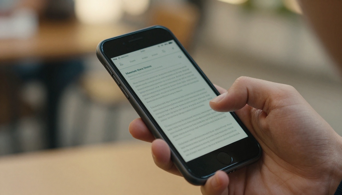 A close-up of a hand holding a smartphone in portrait mode, thumb naturally positioned at the bottom of the screen showing a clean readable document layout