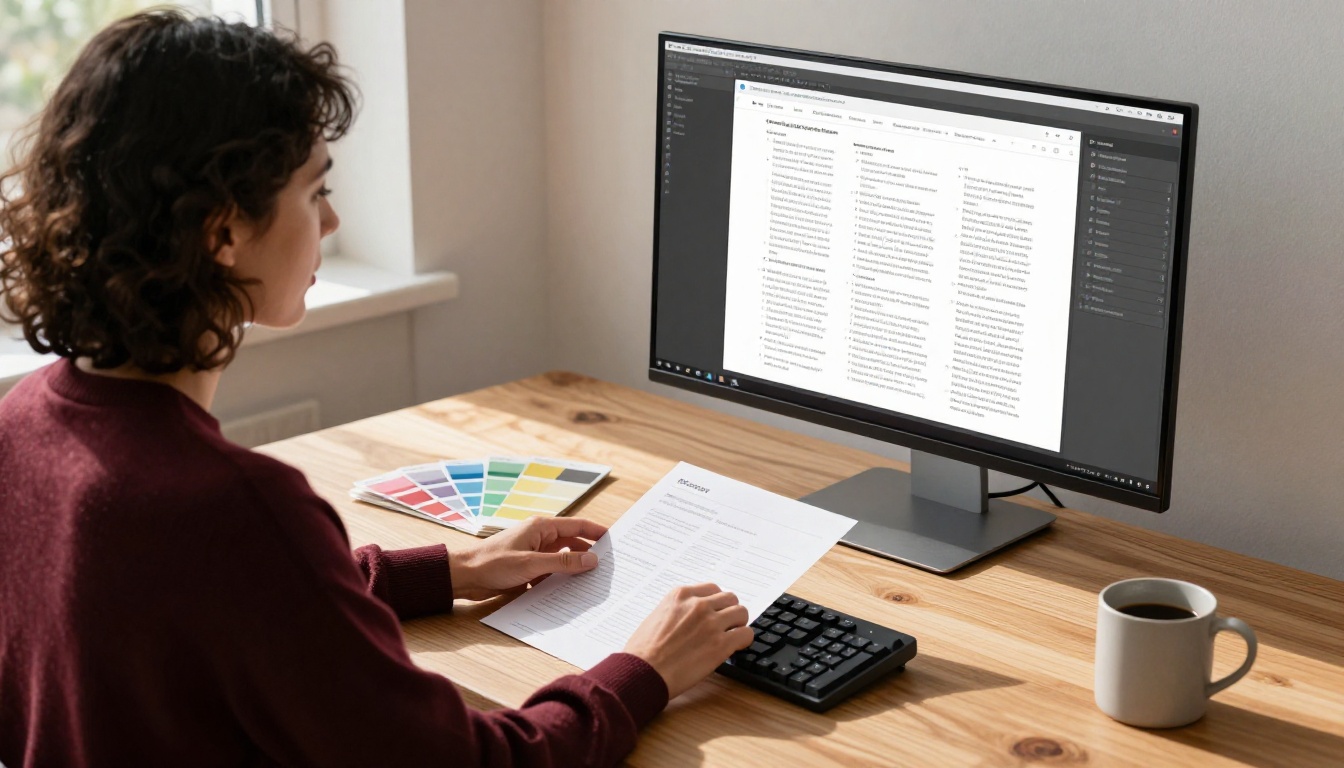 A graphic designer comparing a printed two-page spread against a clean single-page version on a large monitor at a natural birch wood desk in warm morning sidelight A graphic designer comparing a printed two-page spread against a clean single-page version on a large monitor at a natural birch wood desk in warm morning sidelight