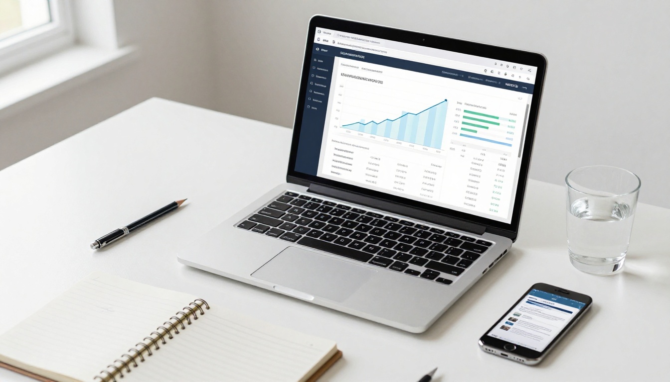 A laptop displaying a rising analytics dashboard for mobile reading time, with a smartphone beside it showing a clean single-page document in natural light
