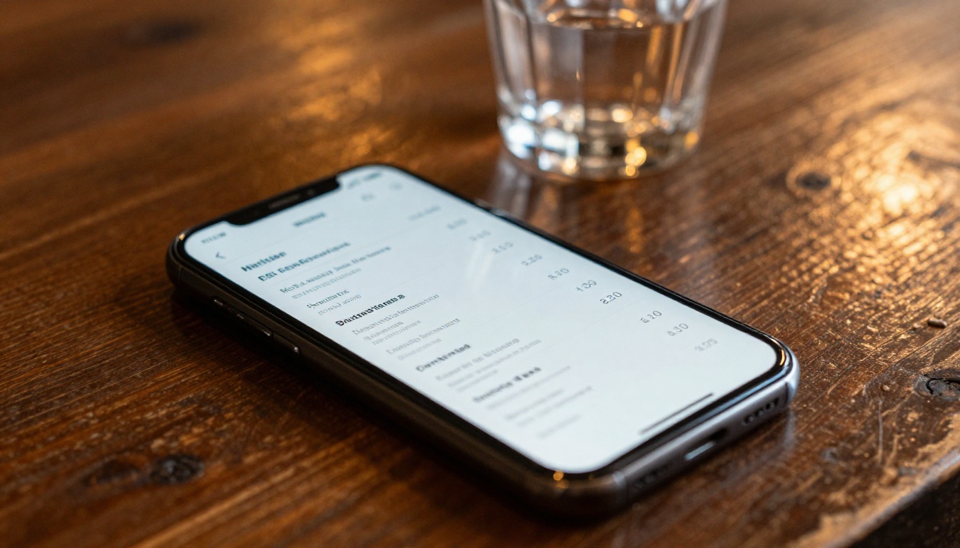 A smartphone lying flat on a dark walnut restaurant table displaying a clean single-page digital menu with clear typography in warm amber restaurant light