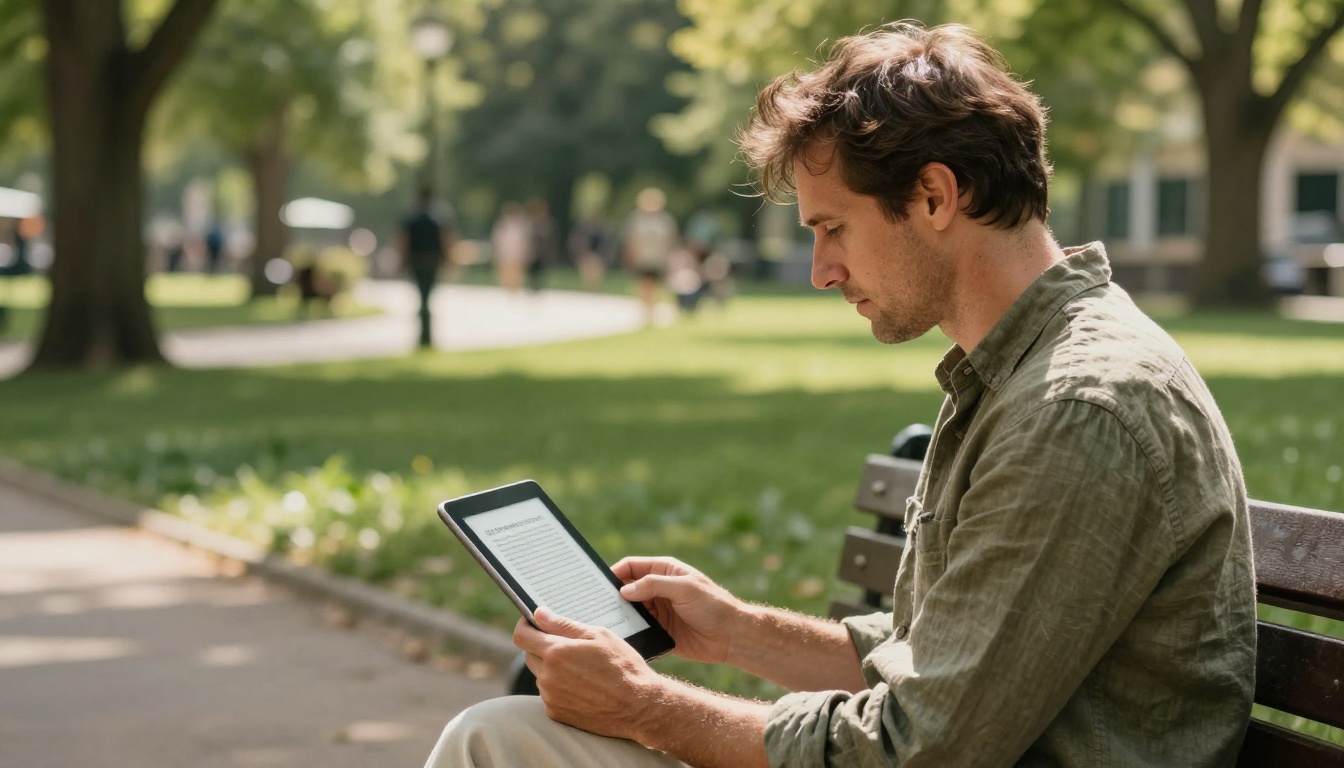 A man reading a clean single-page e-book on a tablet in portrait orientation on a sunny park bench, dappled afternoon light filtering through tree leaves A man reading a clean single-page e-book on a tablet in portrait orientation on a sunny park bench, dappled afternoon light filtering through tree leaves