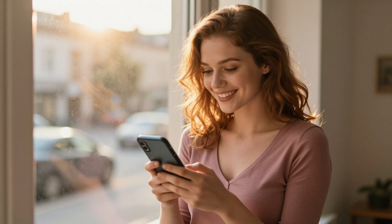 A young woman standing at a bright sunlit window, smiling as she shares a digital publication from her smartphone, warm backlit afternoon light creating a natural rim glow around her A young woman standing at a bright sunlit window, smiling as she shares a digital publication from her smartphone, warm backlit afternoon light creating a natural rim glow around her