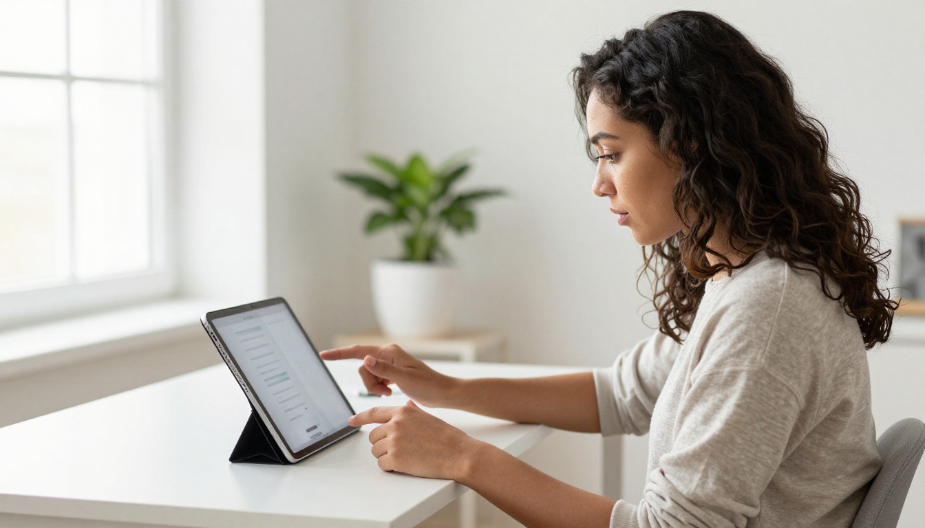 Young professional woman reading a digital flipbook on iPad in a bright Scandinavian-style home office with morning window light