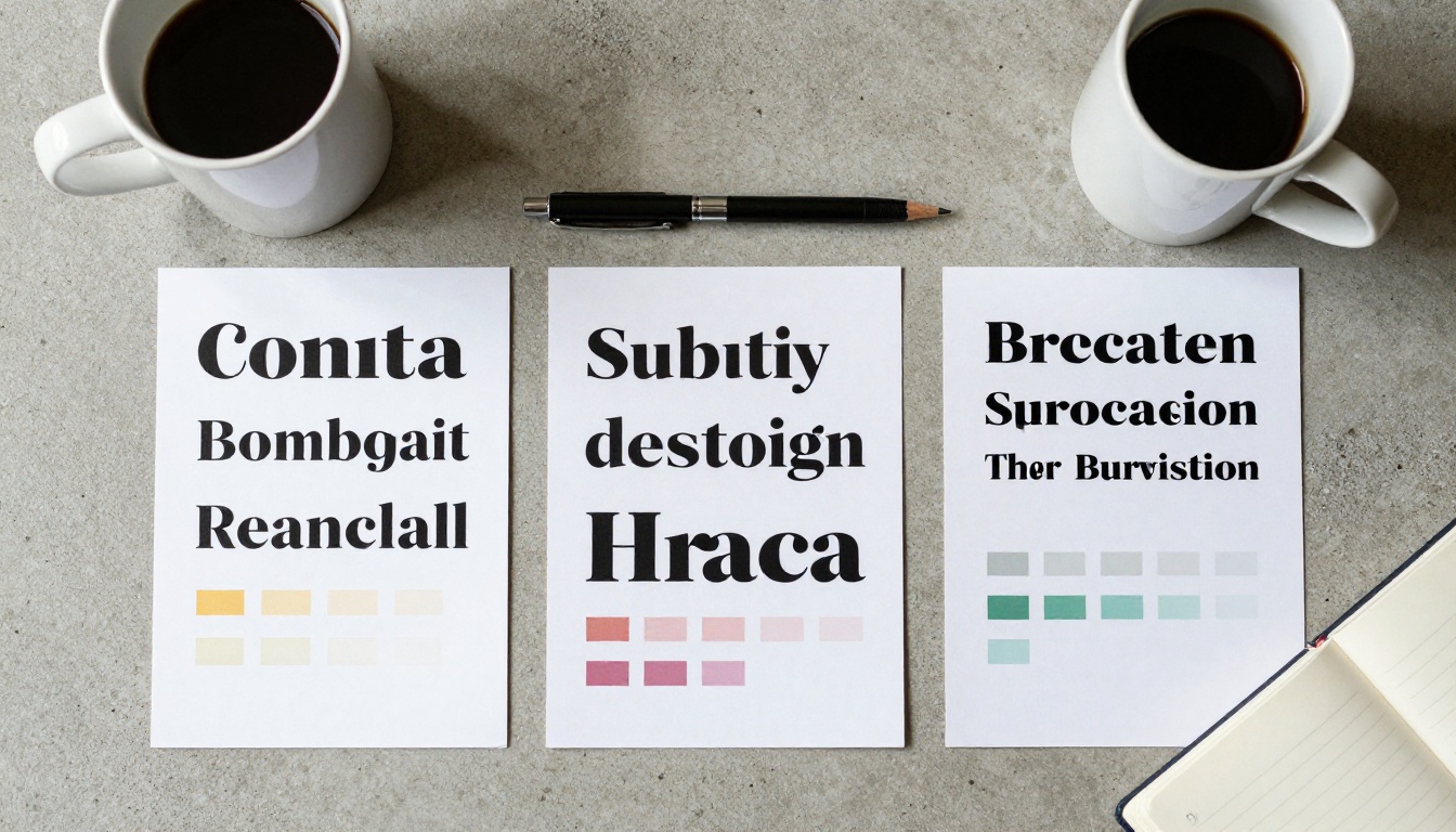 Three printed font pairing cards arranged on a concrete surface showing heading and body font combinations with complementary color swatches